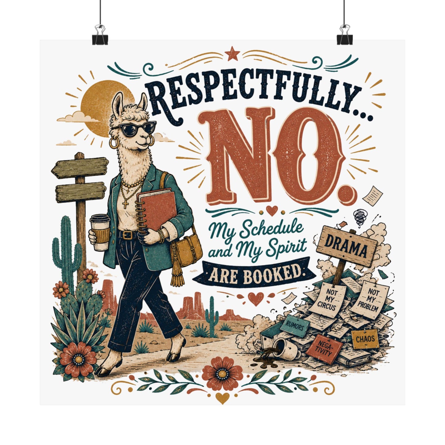 Confident Llama Vintage Western Matte Vertical Poster — "Unbothered" Desert Business Art