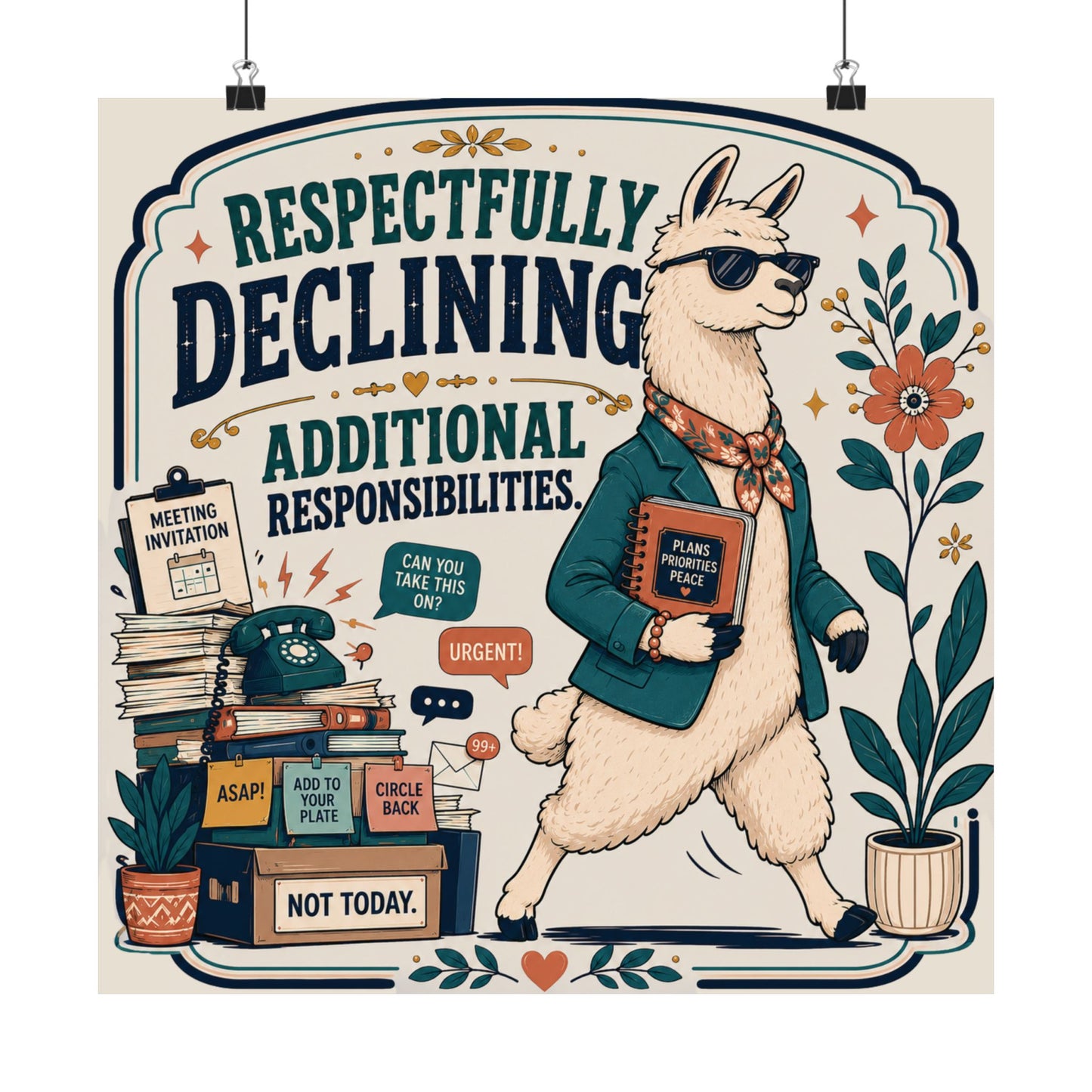 Respectfully Declining Additional Responsibilities Poster — Llama with 'Plans • Priorities • Peace (Not Today)