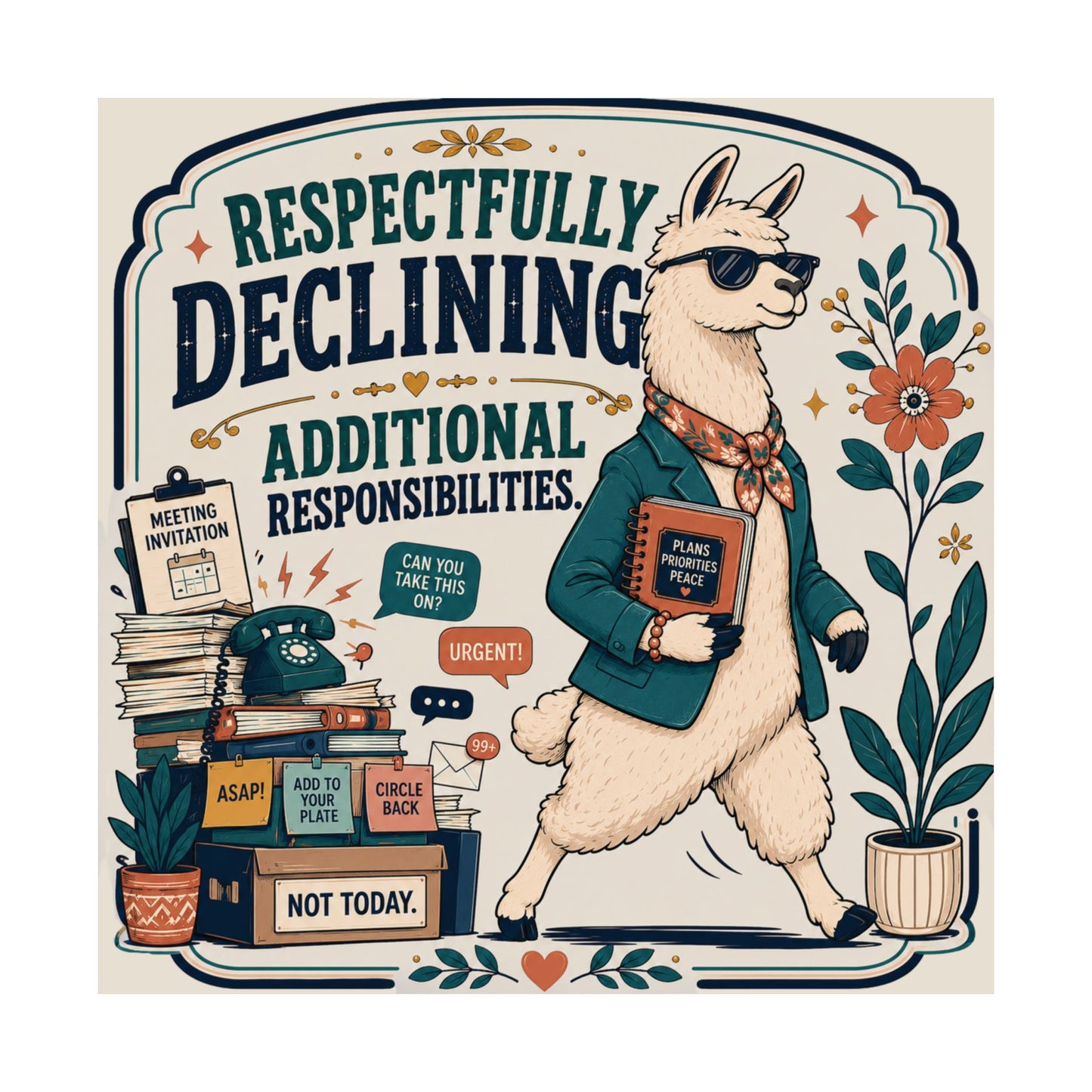 Respectfully Declining Additional Responsibilities Poster — Llama with 'Plans • Priorities • Peace (Not Today)